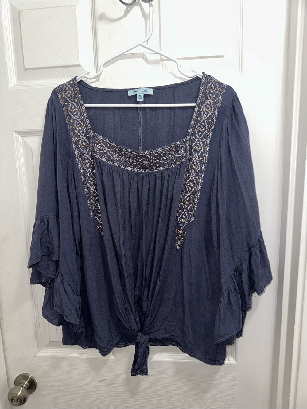 She + Sky Navy Blue Embroidered Tie-Front Peasant Blouse